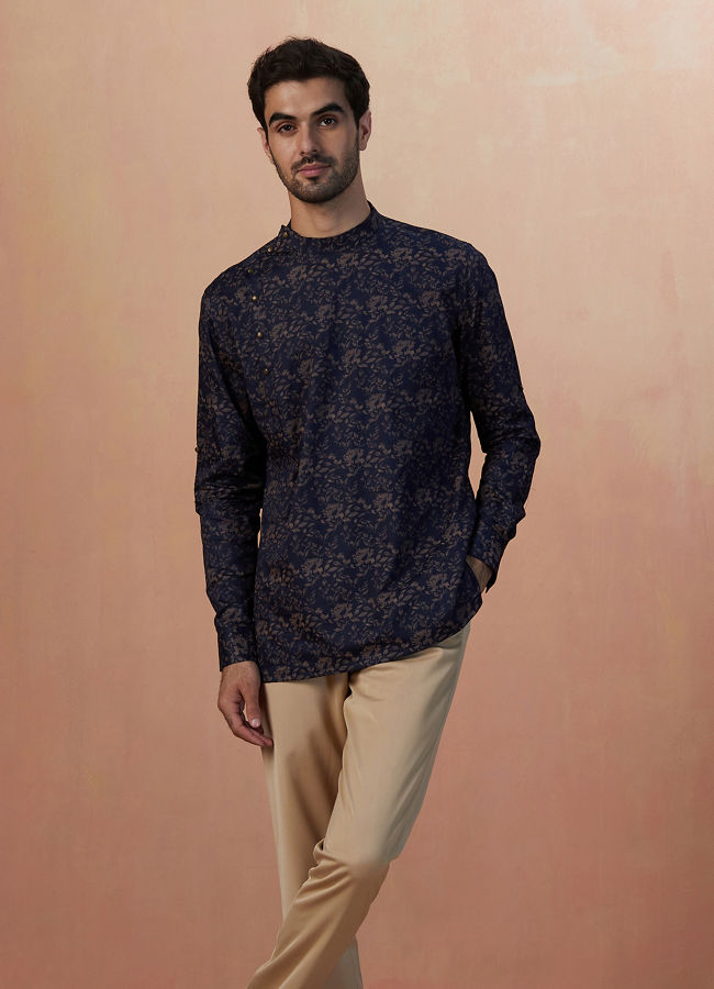 Dark Navy Blue Floral Print Short Kurta image number 1